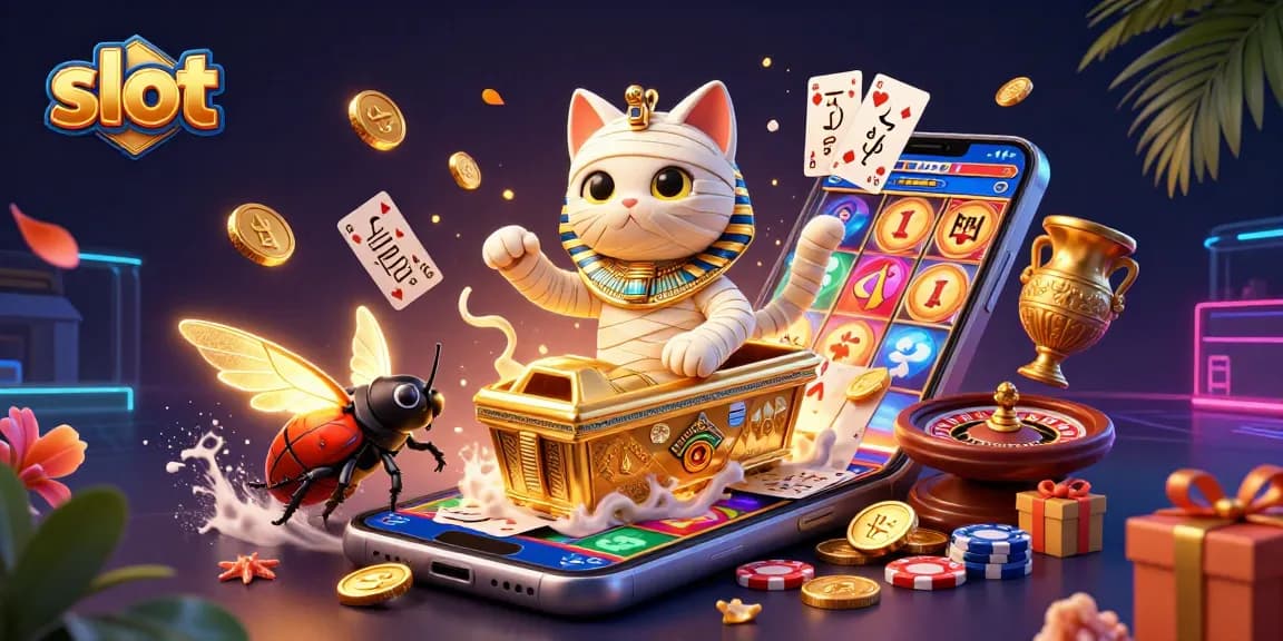 Menampilkan slot mobile-friendly, seekor kucing mummy Mesir dan kumbang, dikelilingi oleh kartu perjudian