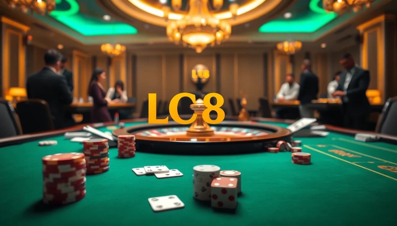 Engaging scene of luxury casino gameplay showcasing LC88 branding on a vibrant gaming table.