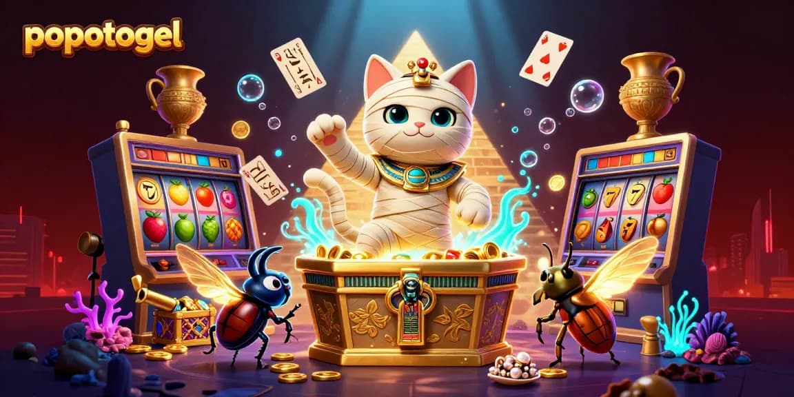 Experience thrilling gameplay and vibrant colors with popotogel's Egyptian mummy cat themed casino scene featuring dynamic slots.