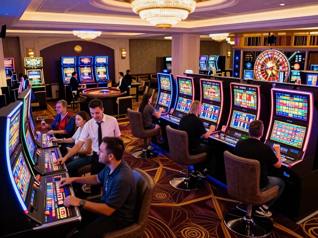 Players enjoying W69 slot machines amidst vibrant casino lights and thrilling atmosphere