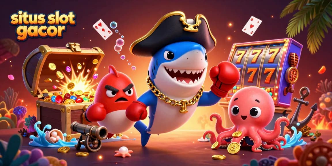 Engage with situs slot gacor as a cartoon pirate shark, pufferfish, and octopus celebrate slots victory