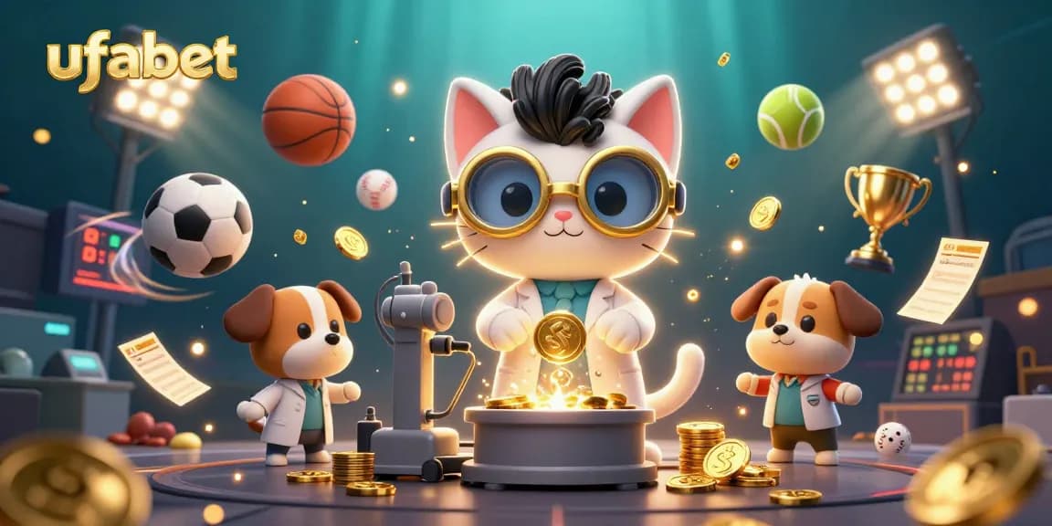 Experience ufabet sports betting with an energetic scene featuring a cartoon mad scientist and dog amid dynamic elements.