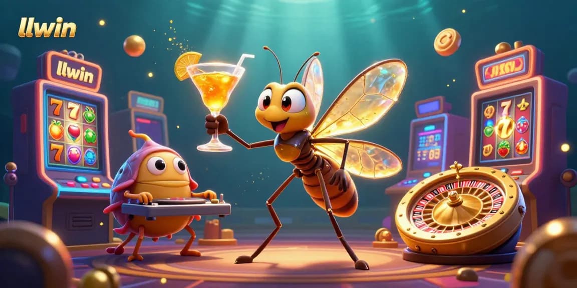 Experience the thrill of llwin as a casino mascot amid vibrant slot machines and lively gaming elements.