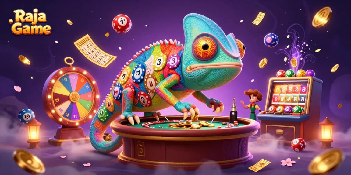 Engage in thrilling action with Raja Game as a vibrant chameleon owner oversees colorful lottery and casino games.