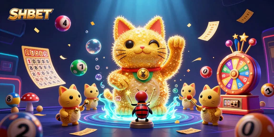Engage with SHBET's vibrant casino world with colorful lottery balls and a giant lucky cat!