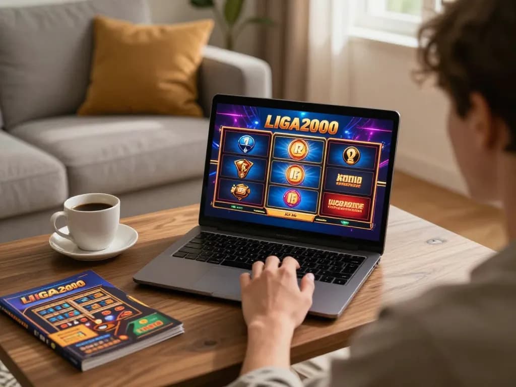 LIGA2000 gaming session on a laptop in a cozy home setup with strategy notes and warm lighting