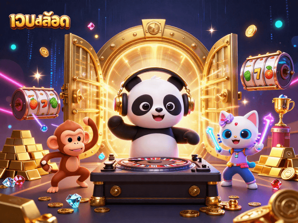 Experience the excitement of เว็บสล็อต with vibrant characters and dynamic gambling elements in a rich, detailed 3D scene.