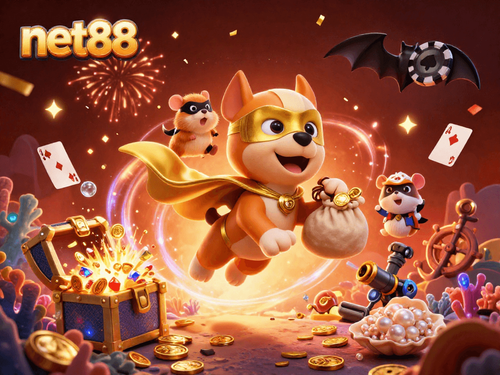 Engage with net88's exciting gaming world showcased in a vibrant, dynamic scene of a superhero dog and hamster.