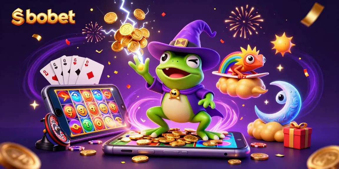 Experience sbobet's vibrant gaming world with a wizard frog, chameleon, and golden coins.