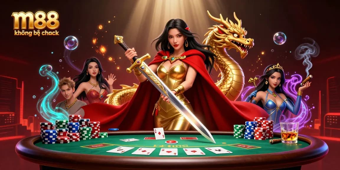 Trải nghiệm trò chơi hồi hộp với m88 không bị chặn, featuring một nữ hoàng chiến binh và các yếu tố poker phong phú.