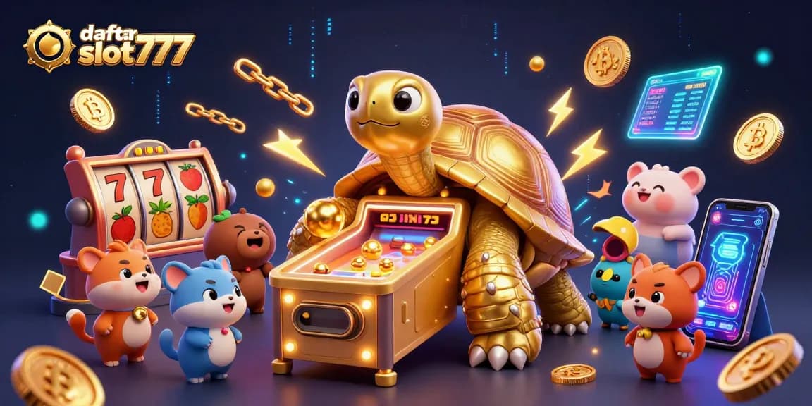 Engage in daftar slot777 with a vibrant 3D casino scene featuring a tortoise pinball machine.