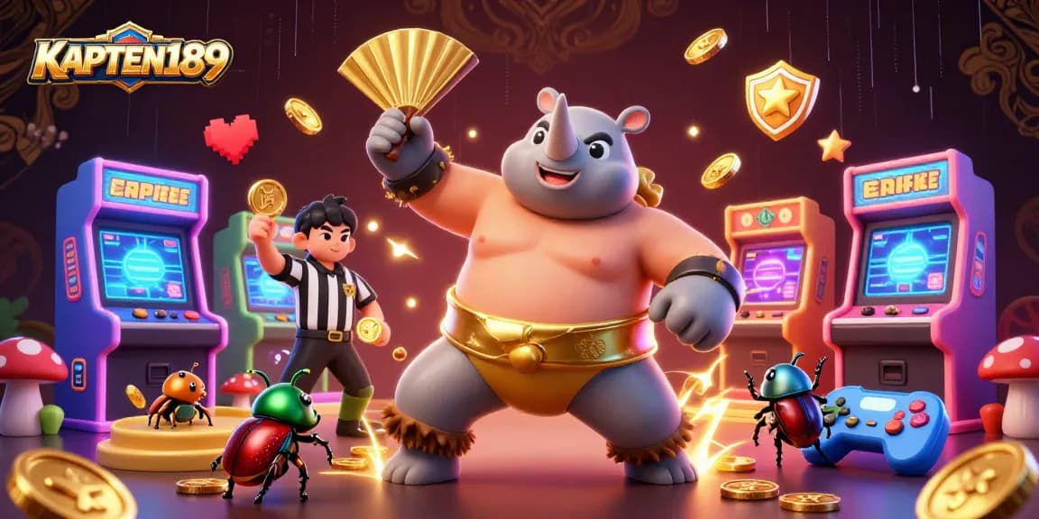 KAPTEN189 menghadirkan ilustrasi kasino 3D dengan juara kebo rhinoceros, koin emas terbang, permainan arcade dan elemen slot.