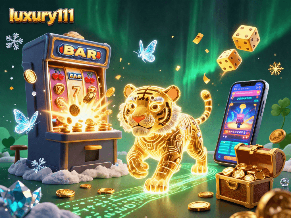 Play luxury111 at a vibrant digital casino featuring a golden tiger and jackpot thrills.