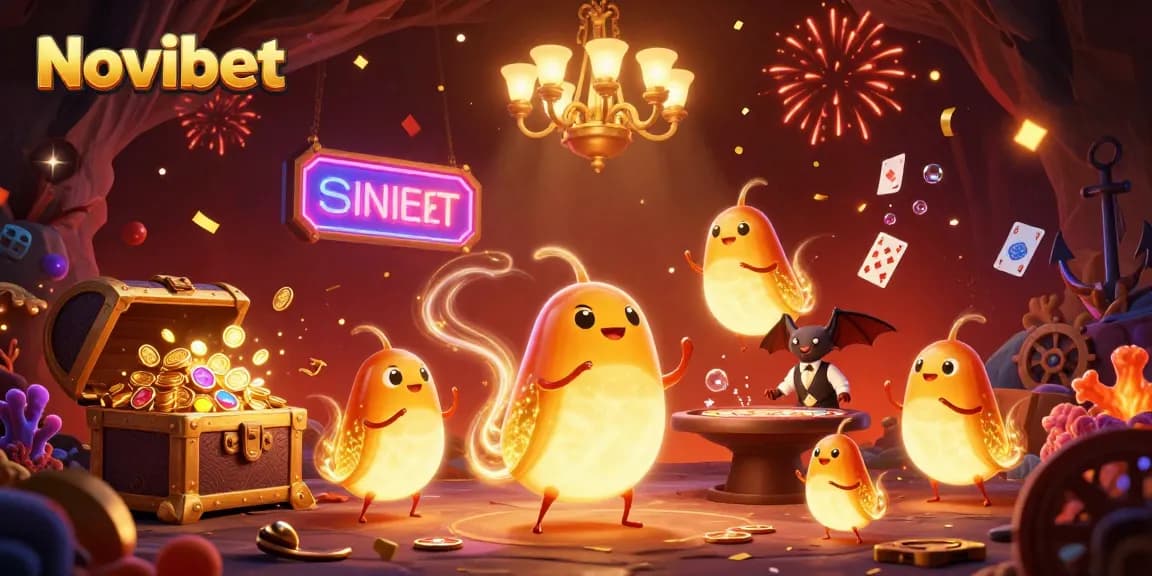 Novibet's lively cave casino scene showcasing glowworms and a bat dealer amidst colorful gems and coins.