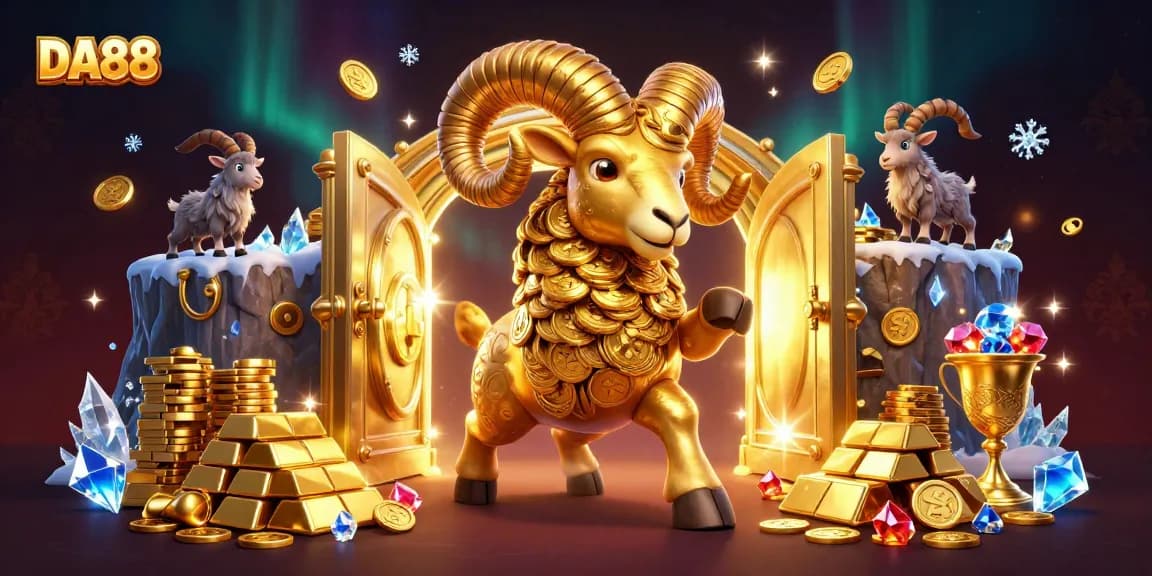 Play DA88 slots with excitement, featuring golden ram and treasure elements in a vibrant casino scene.