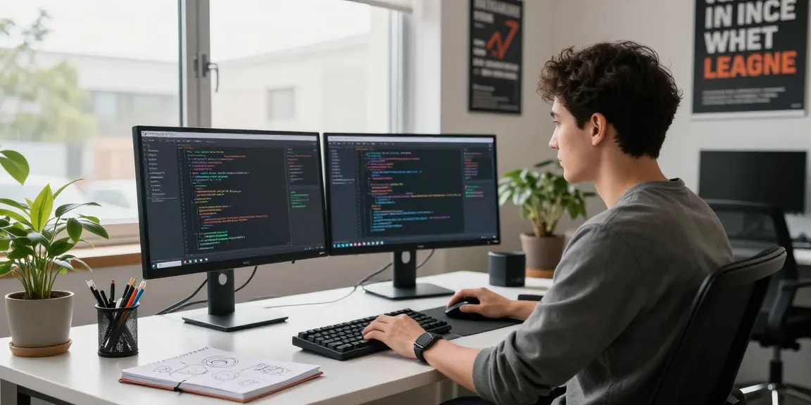 Kobold AI developer coding in a modern workspace, showcasing innovation and technology.