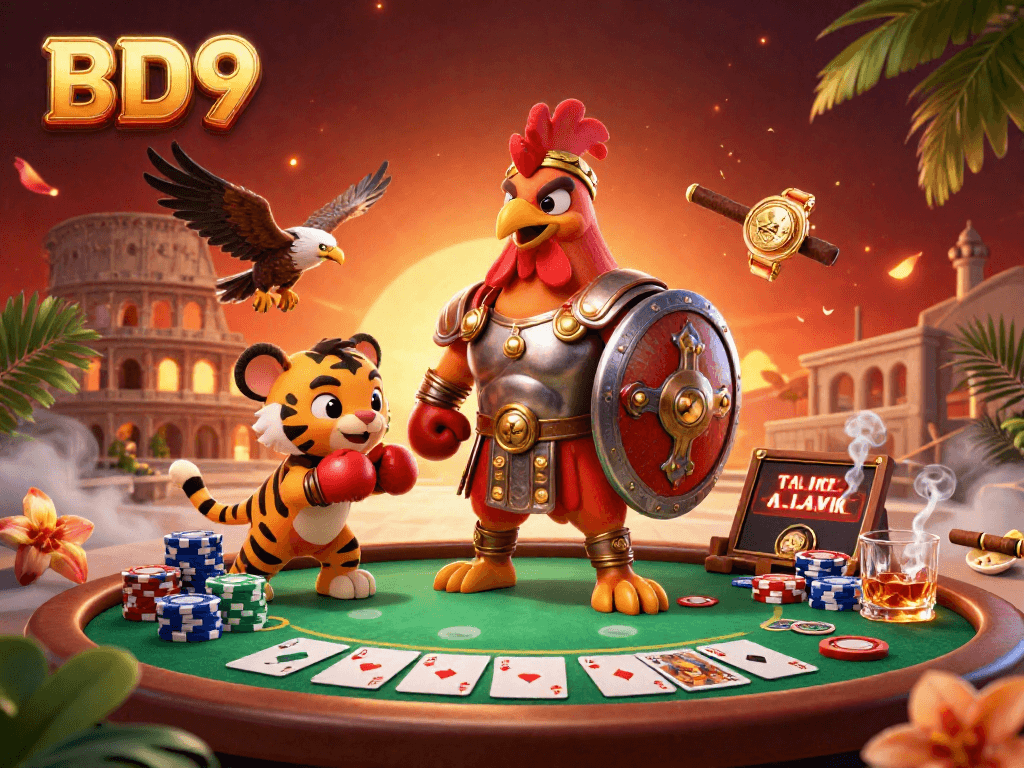 Engage with BD9's thrilling gaming scene featuring a gladiator rooster, poker elements, and sunset effects.
