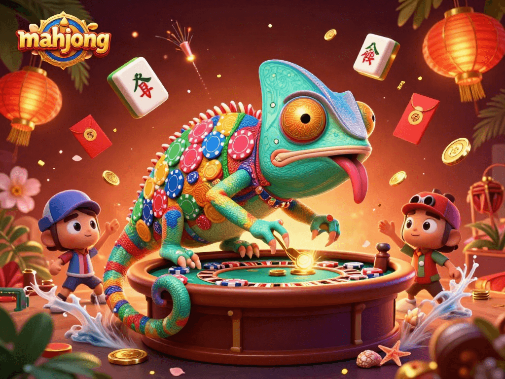 Engage in mahjong with a lively scene featuring a chameleon casino owner amidst vibrant gaming elements.