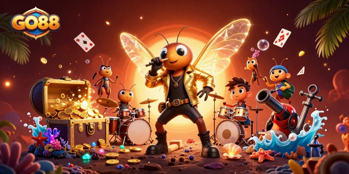 Engage with GO88 through an exciting gaming adventure featuring a vibrant scene of characters and treasure.