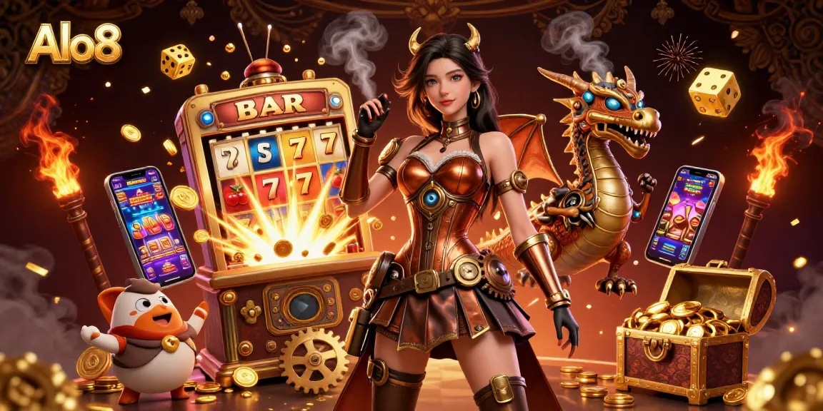 Alo8 showcases dynamic gambling action with a stunning woman, a clockwork dragon, and jackpot elements.