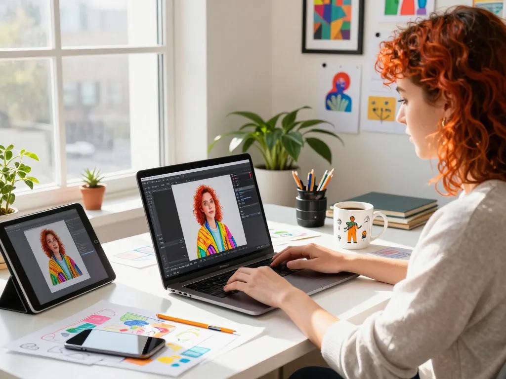 Graphic designer using Nano Banana 2 AI image editor in a creative workspace filled with art and inspiration.