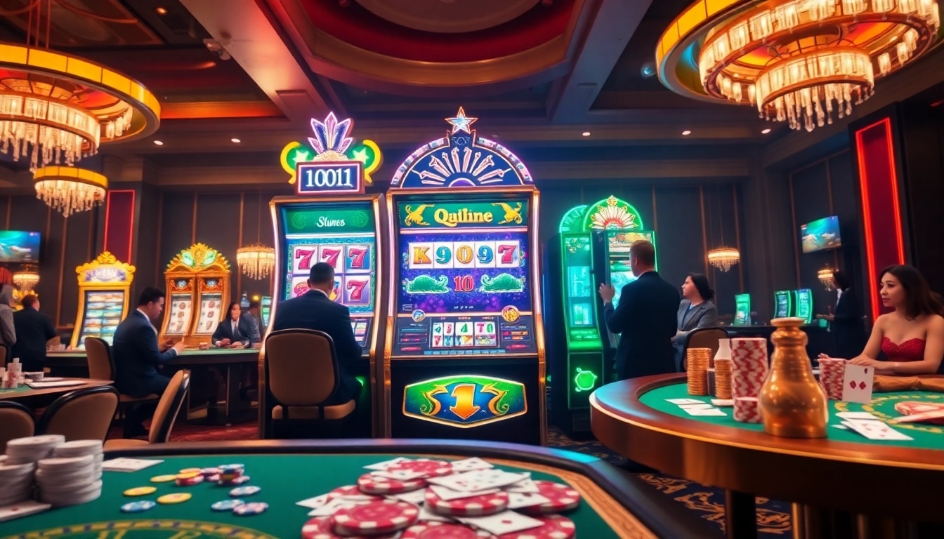Enjoy thrilling gameplay at the qqmacan slot machine surrounded by excited players in a vibrant casino atmosphere.