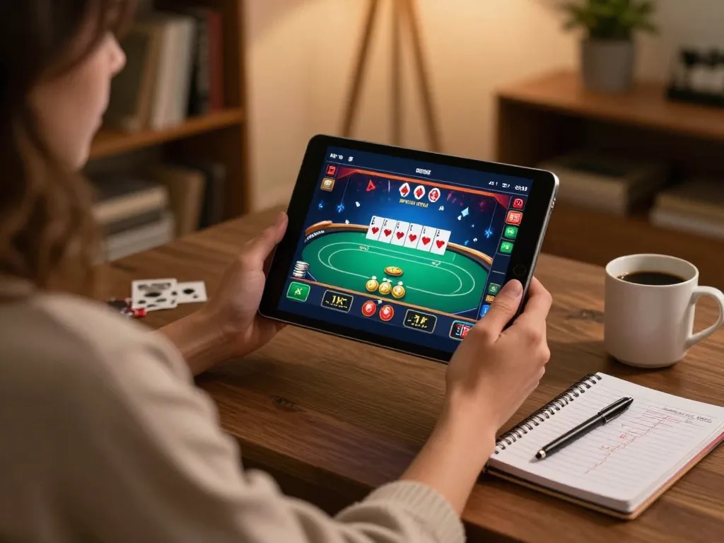 J188 player engaging with online casino games on a tablet, surrounded by strategy notes and warm home lighting.