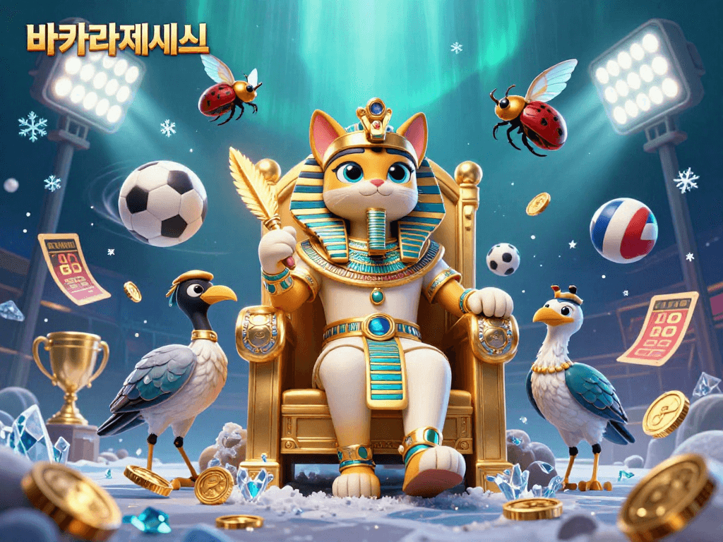 바카라사이트에서 다양한 게임 아이템과 함께 귀여운 이집트 고양이 캐릭터와 스크라이브가 어우러진 세밀한 일러스트레이션