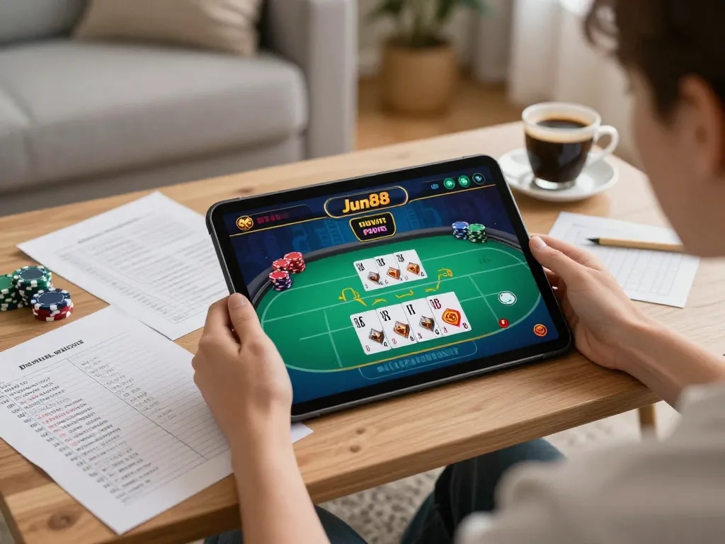Jun88 player focused on live dealer game strategy in a cozy home environment