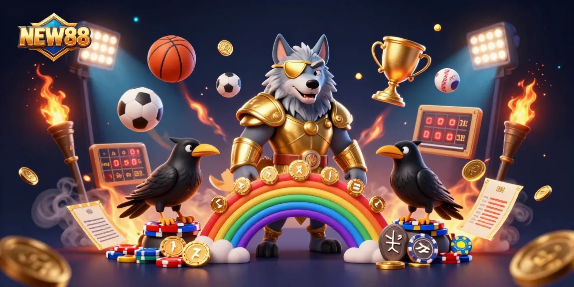NEW88 delivers immersive gaming with a 3D depiction featuring Odin, ravens, and vibrant casino elements.