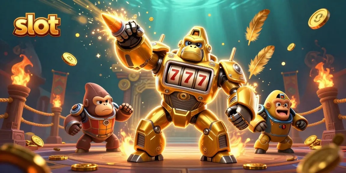 Bermain slot interaktif dengan karakter gorila emas dan simbol keberuntungan di arena yang memukau.
