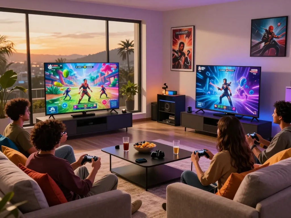 Friends playing a porngame in a cozy living room full of snacks and gaming equipment.
