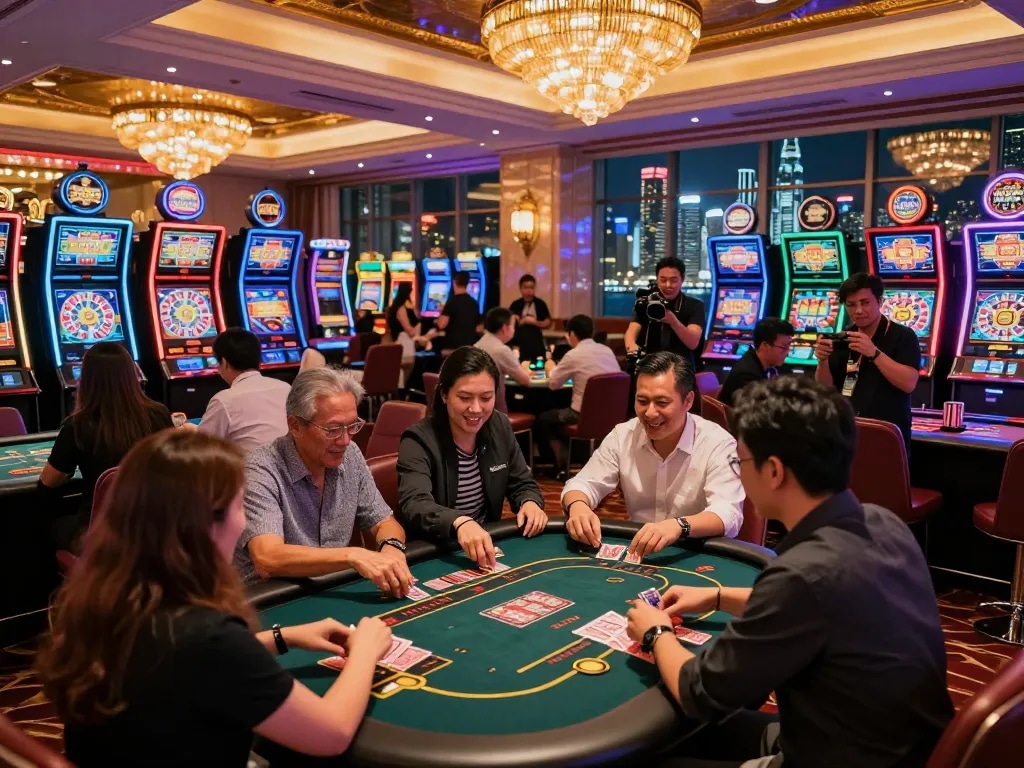 Experience the vibrant casino culture of Hong Kong with lively gaming tables and stunning skyline views.