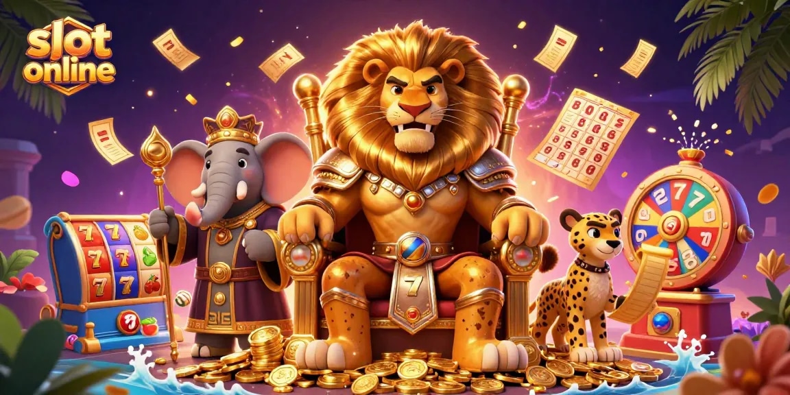 Rasakan aksi slot online yang mendebarkan dengan pemandangan cerah yang menampilkan raja singa, penasihat gajah, dan utusan cheetah.
