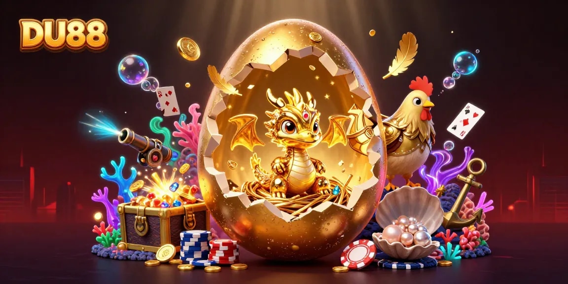 Engage in thrills at DU88 with a vibrant display of golden gaming icons and dynamic treasures.