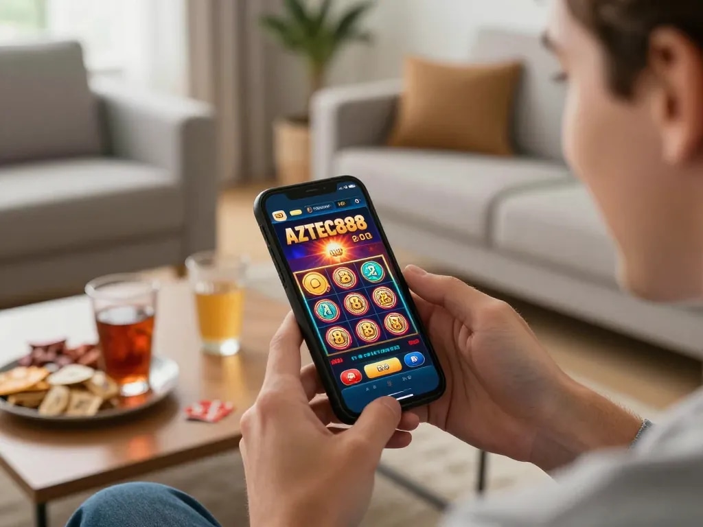Person engaged in the AZTEC888 casino app, showcasing lively home gaming atmosphere with snacks