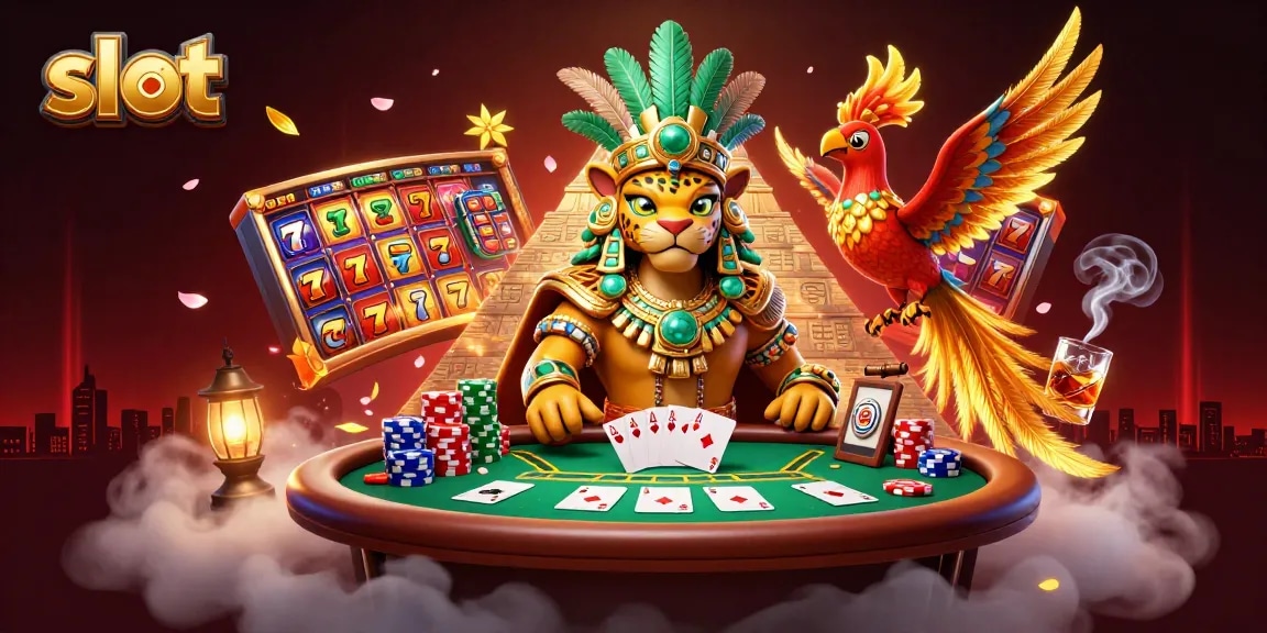 Putar slot dengan simbol cerah dan jackpot dalam ilustrasi kasino yang kaya detail.