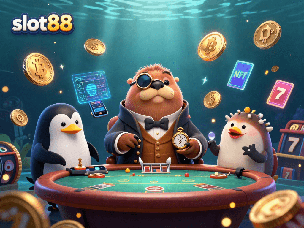 Engage in exciting slot88 gameplay with a jolly walrus, penguin dealer, and bluffing pufferfish at an underwater poker table.