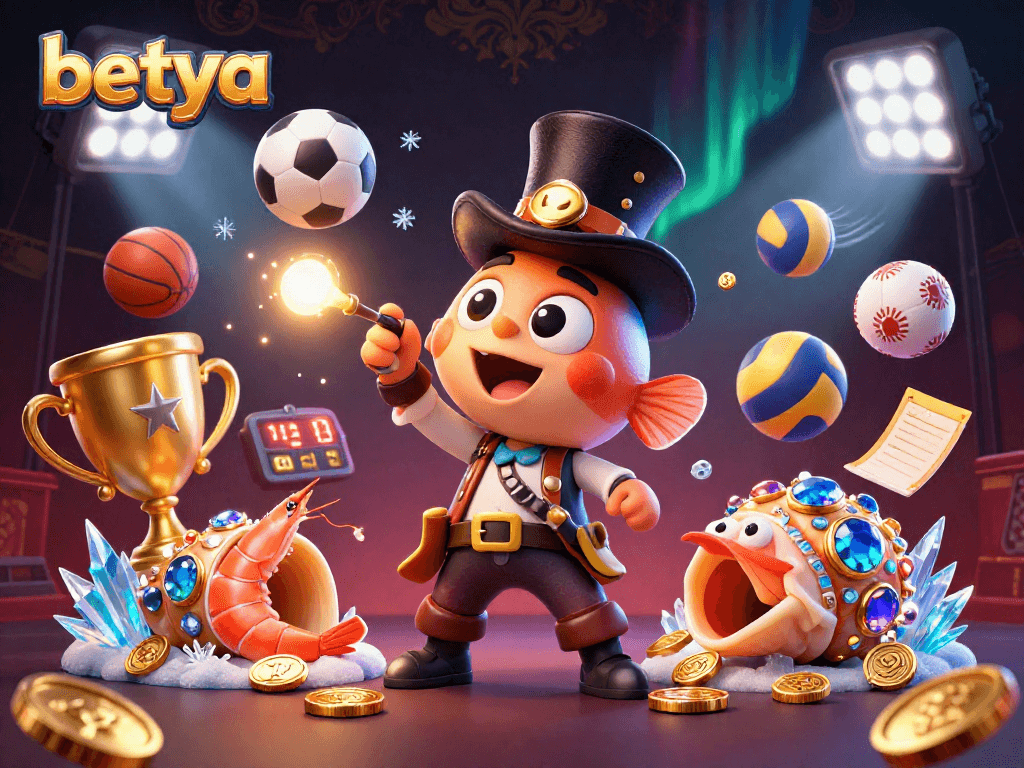 Betya showcases gambling excitement with anglerfish, shrimp, and snail in vibrant sports scene.