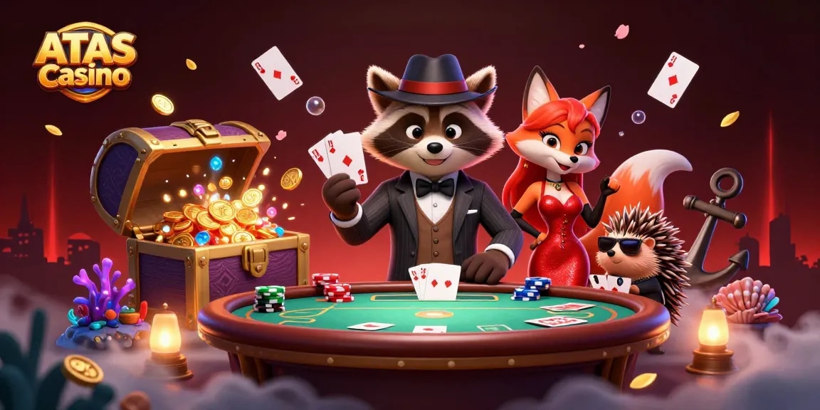 Experience a thrilling game night at ATAS Casino with animated characters, poker elements, and vibrant energy.