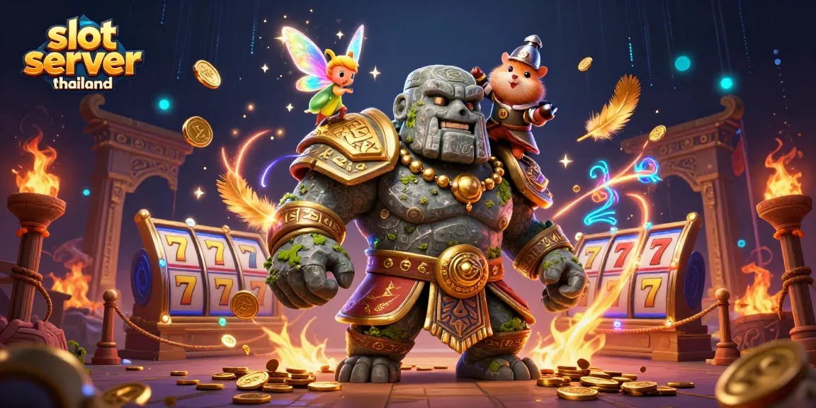 Engage with slot server thailand in this vibrant golem-themed online casino scene featuring magical elements.