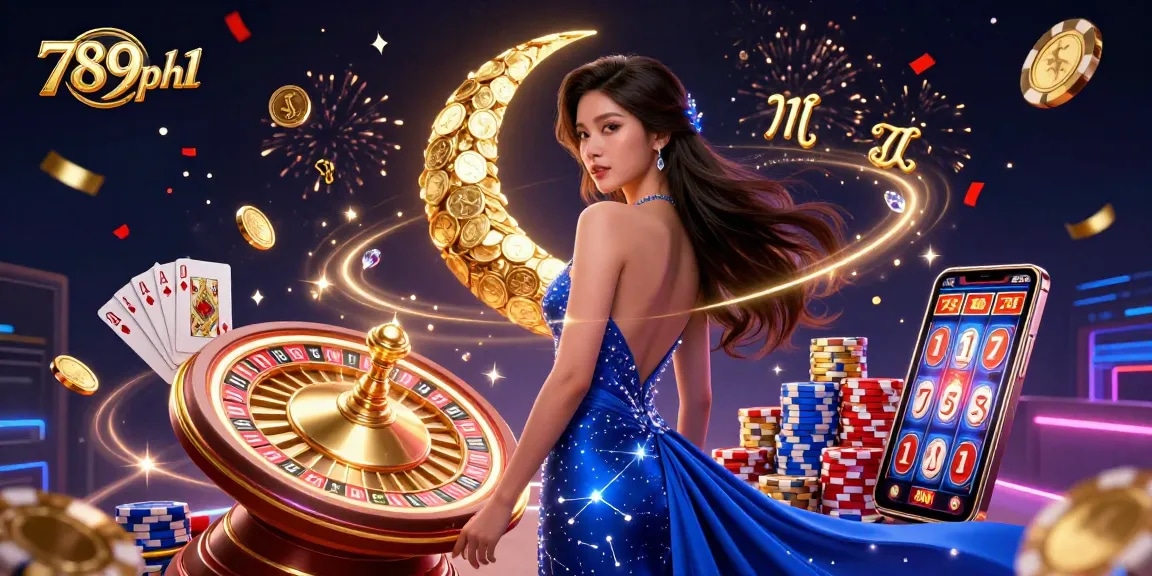 Experience thrilling moments at 789ph1 with vibrant slot reels and poker chips in a lively casino atmosphere.