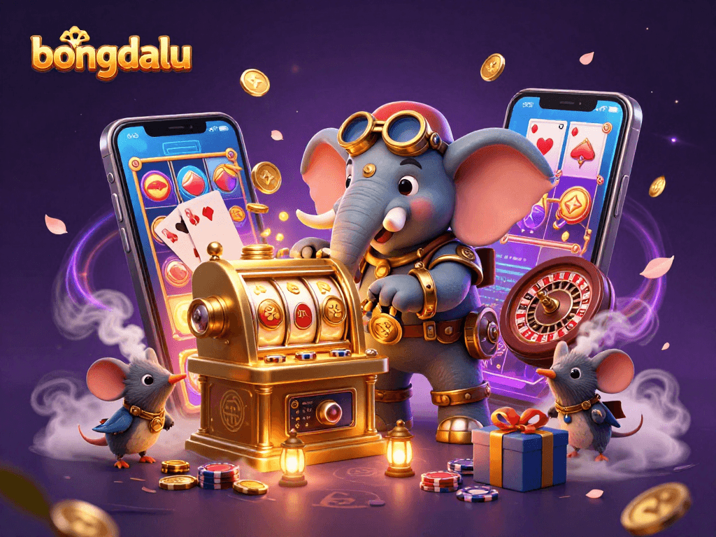 Bongdalu's animated steampunk elephant engages in thrilling slot machine gameplay amidst vibrant casino elements.
