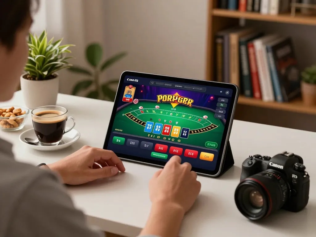 Experience ATQ online gaming with a player engaged at a tablet for blackjack, exuding entertainment in a cozy environment.