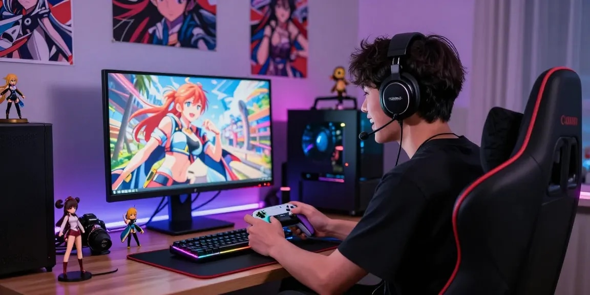 Player experiencing hentai games with immersive anime graphics, vibrant room ambiance.