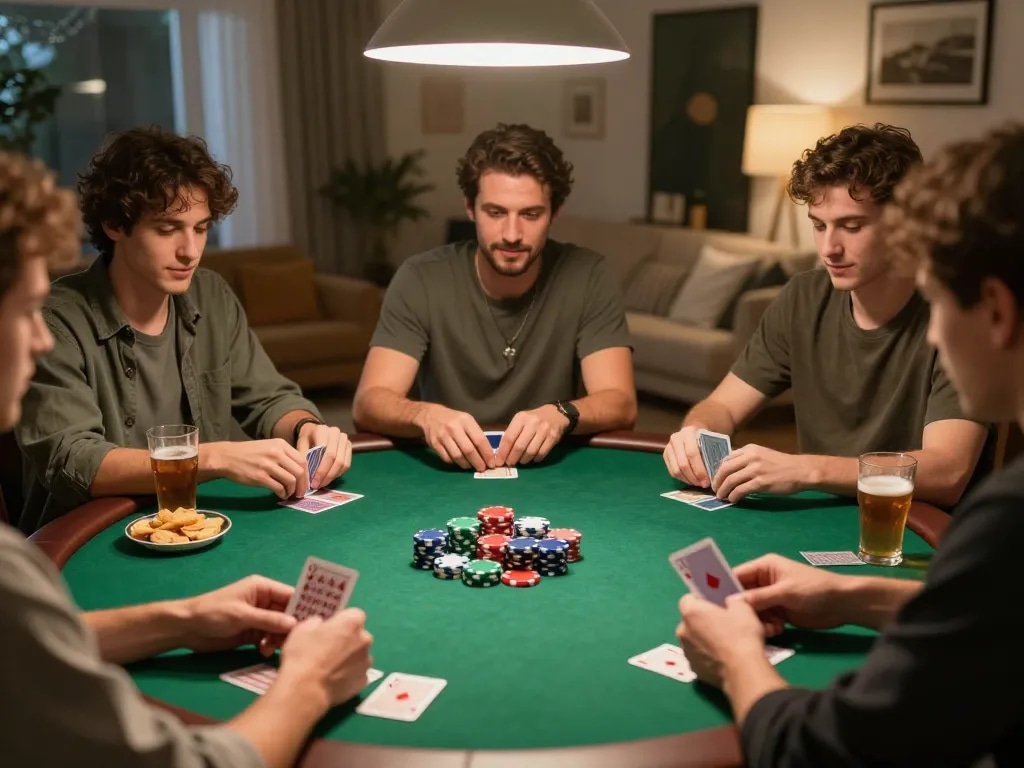 Hi88 players strategizing during a home poker night, showcasing engaging card gameplay and social atmosphere.