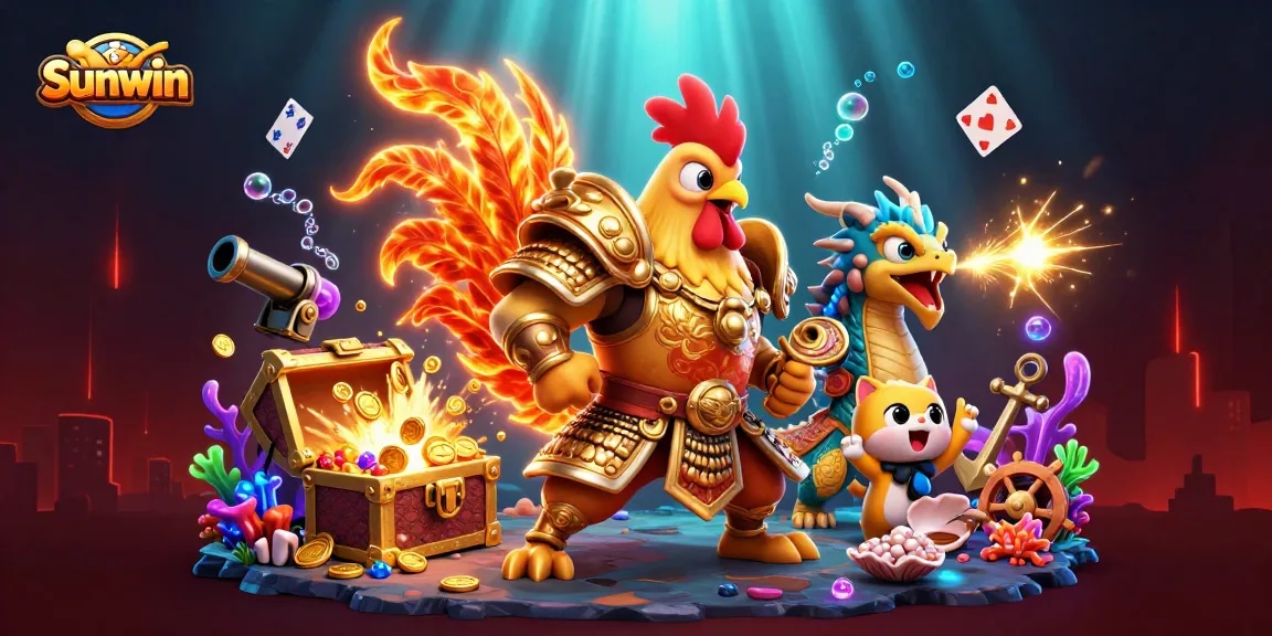 Sunwin's vibrant gaming scene with a warrior rooster, armored dragon, and treasures, captivating players in 2026.