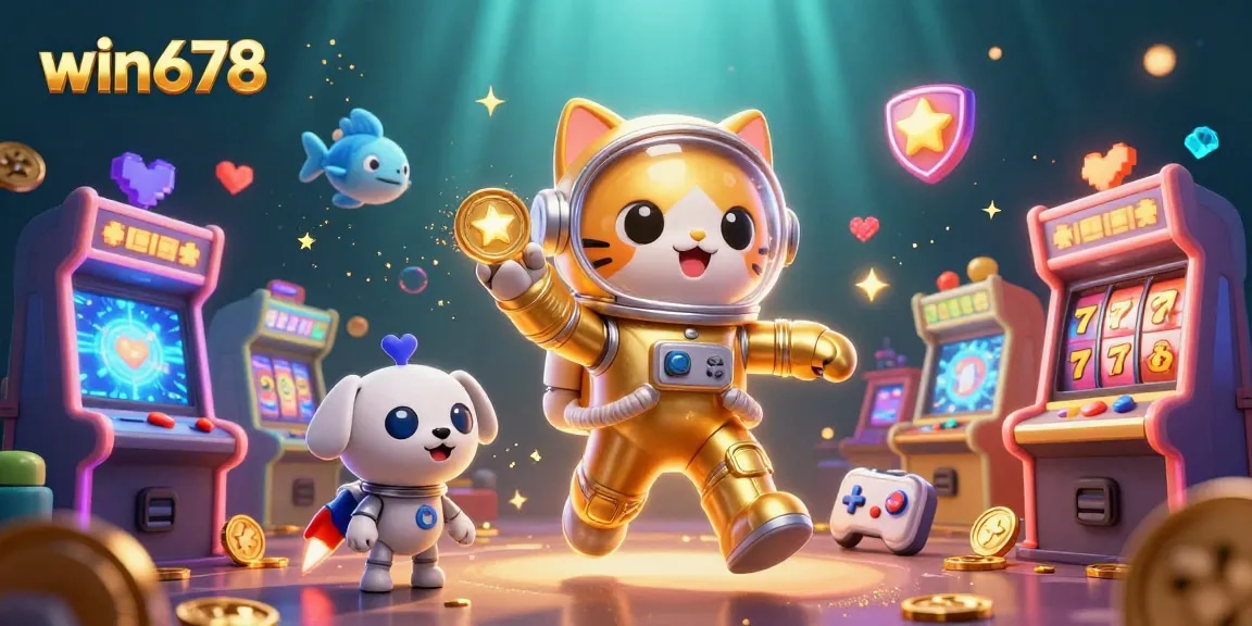 Experience the thrill of win678 with a vibrant illustration of gaming excitement featuring slot elements and animated characters.