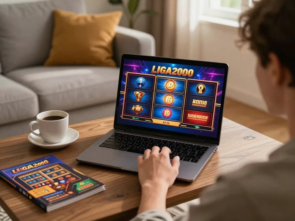 LIGA2000 gaming session on a laptop in a cozy home setup with strategy notes and warm lighting