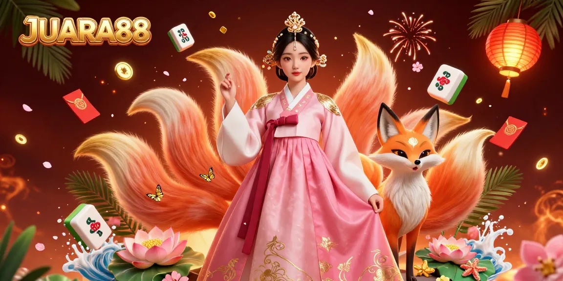 Experience JUARA88's vibrant online casino with an elegantly dressed woman and a lucky fox amidst festive elements.